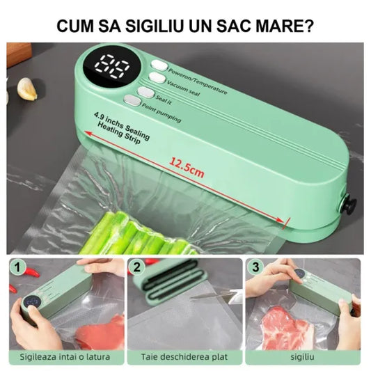 Aparat de vidat portabil, 3 in 1, pentru alimente solide si lichide, 30 cm, verde, angro