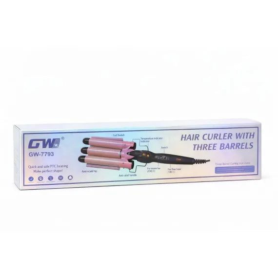 Ondulator par profesional 3 cilindri GW-7793, bucle tip valuri, incalzire PTC, roz cu negru
