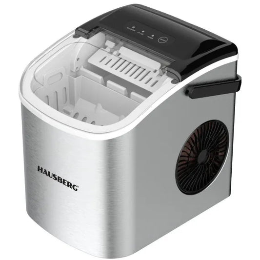 Aparat de preparat gheata HAUSBERG HB-6019IN, capacitate vas apa 1.2 litri, productie cuburi gheata 12-15 kg / 24 ore, capacitate de stocare 0.6 kg, 9 cuburi/6-9 min, argintiu