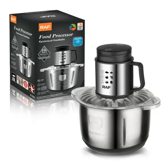 Robot de bucătărie RAF R.7025, S 800W, bol inox 5L, 4 lame spiralate, tocător electric multifuncțional