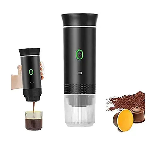 Espressor electric portabil, mini aparat de cafea de calatorie, aparat de cafea electric pentru masina, compatibil cu cafea macinata si capsule NS, excelent pentru drumetii, camping, birou etc., negru Angro