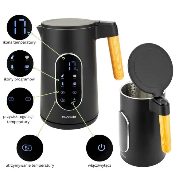 Fierbător electric Kamille 1.7 L cu reglare temperatură și panou digital 2200 W