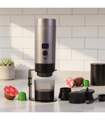 [S] Espressor Portabil 3-în-1 cu Încălzire Automată – Compatibil Capsule & Cafea Măcinată, Display LED, Acumulator 12V