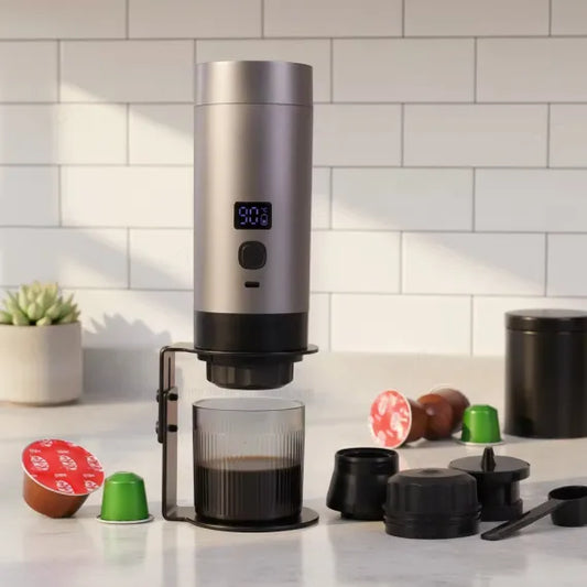 [S] Espressor Portabil 3-în-1 cu Încălzire Automată – Compatibil Capsule & Cafea Măcinată, Display LED, Acumulator 12V
