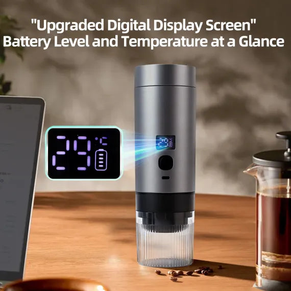 [S] Espressor Portabil 3-în-1 cu Încălzire Automată – Compatibil Capsule & Cafea Măcinată, Display LED, Acumulator 12V
