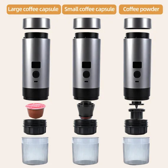 [S] Espressor Portabil 3-în-1 cu Încălzire Automată – Compatibil Capsule & Cafea Măcinată, Display LED, Acumulator 12V