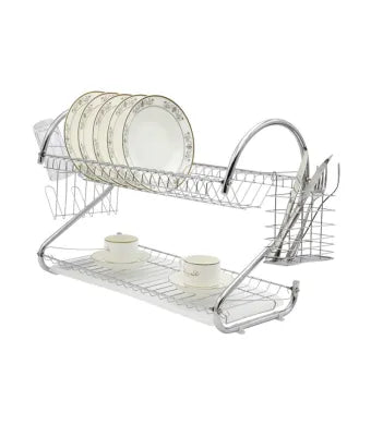 [S] Suport Scurtător de Vase Supraetajat – Design Cromat Ergonomic, Tăviță de Scurgere inclusă, Suport Tacâmuri și Pahare