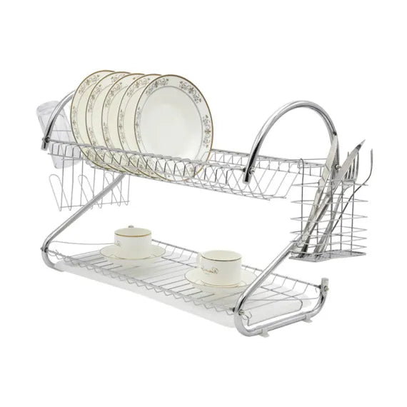 [S] Suport Scurtător de Vase Supraetajat – Design Cromat Ergonomic, Tăviță de Scurgere inclusă, Suport Tacâmuri și Pahare