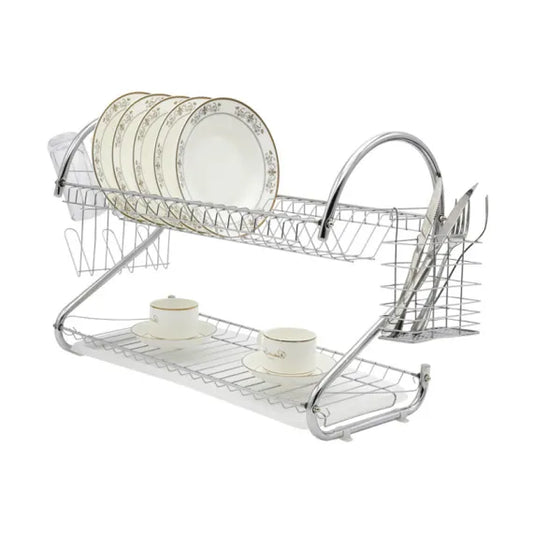 [S] Suport Scurtător de Vase Supraetajat – Design Cromat Ergonomic, Tăviță de Scurgere inclusă, Suport Tacâmuri și Pahare