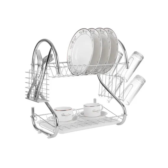 [S] Suport Scurtător de Vase Supraetajat – Design Cromat Ergonomic, Tăviță de Scurgere inclusă, Suport Tacâmuri și Pahare
