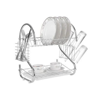 [S] Suport Scurtător de Vase Supraetajat – Design Cromat Ergonomic, Tăviță de Scurgere inclusă, Suport Tacâmuri și Pahare