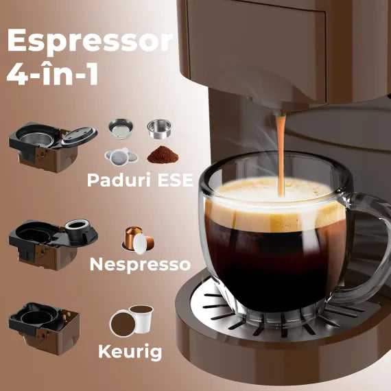 Espressor Multifunctional Manual 4 in 1,– Aparat de Cafea Compatibil cu Capsule si Cafea macinata – 19 Bari Presiune – Design Compact – Rezervor 800ml – Oprire Automata - Preparare Rapida - Bukate®