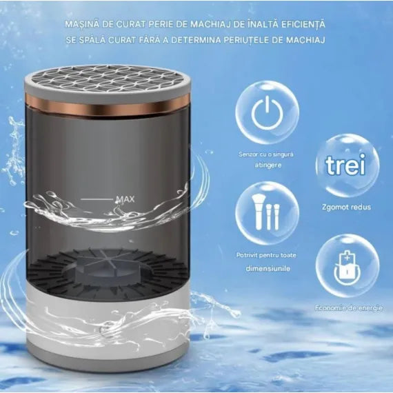 Aparat electric curatare pensule machiaj USB, dispozitiv automat cu recipient fumuriu