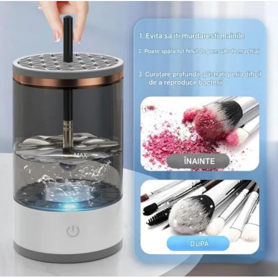 Aparat electric curatare pensule machiaj USB, dispozitiv automat cu recipient fumuriu