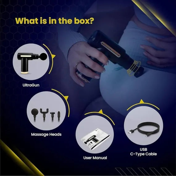 Pistol masaj muscular cu 4 capete interschimbabile, 6 trepte viteza, reincarcabil USB Type-C, 25W, argintiu