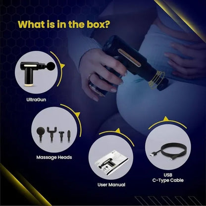 Pistol masaj muscular cu 4 capete interschimbabile, 6 trepte viteza, reincarcabil USB Type-C, 25W, argintiu