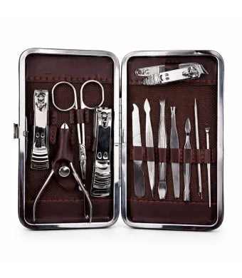 Set profesional manichiură și pedichiură, 12 piese, în husă elegantă cu model carouri