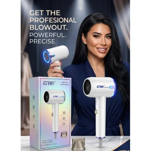 Uscător profesional de păr GW-6658, 6000W, cu tehnologie ionică și flux de aer puternic – Hair Dryer Powerful Speed, Argintiu
