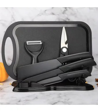 Set Bucătărie 7 Piese cu Tocător, Cuțite și Foarfecă, Suport Inclus, Oțel Inoxidabil, Mânere Ergonomice, Model Profesional