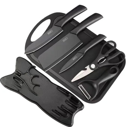 Set Bucătărie 7 Piese cu Tocător, Cuțite și Foarfecă, Suport Inclus, Oțel Inoxidabil, Mânere Ergonomice, Model Profesional