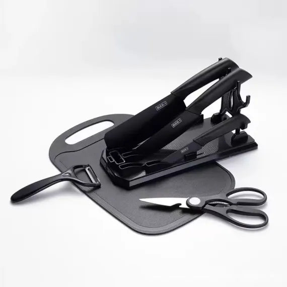 Set Bucătărie 7 Piese cu Tocător, Cuțite și Foarfecă, Suport Inclus, Oțel Inoxidabil, Mânere Ergonomice, Model Profesional