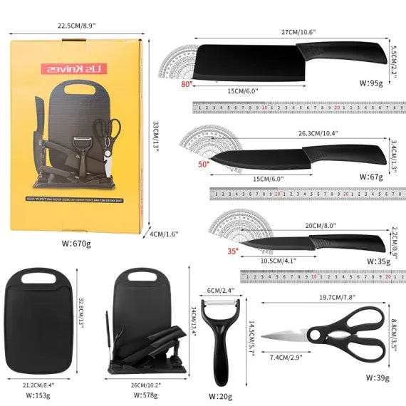 Set Bucătărie 7 Piese cu Tocător, Cuțite și Foarfecă, Suport Inclus, Oțel Inoxidabil, Mânere Ergonomice, Model Profesional