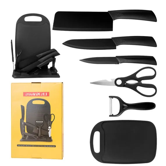 Set Bucătărie 7 Piese cu Tocător, Cuțite și Foarfecă, Suport Inclus, Oțel Inoxidabil, Mânere Ergonomice, Model Profesional