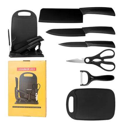 Set Bucătărie 7 Piese cu Tocător, Cuțite și Foarfecă, Suport Inclus, Oțel Inoxidabil, Mânere Ergonomice, Model Profesional