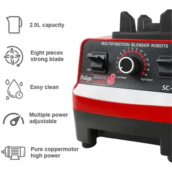 Blender Profesional 2 în 1, 2.5L, 5500W, 15 Viteze, cu 2 Recipiente, Zdrobire Gheață și Autocurățare