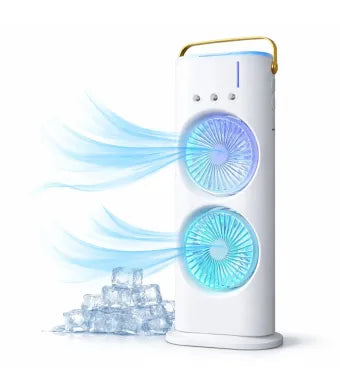 Ventilator Portabil cu Pulverizare Apă 37x16cm, Răcire cu Gheață, Baterie Reîncărcabilă USB, cu Mâner, Iluminare LED Multicolor
