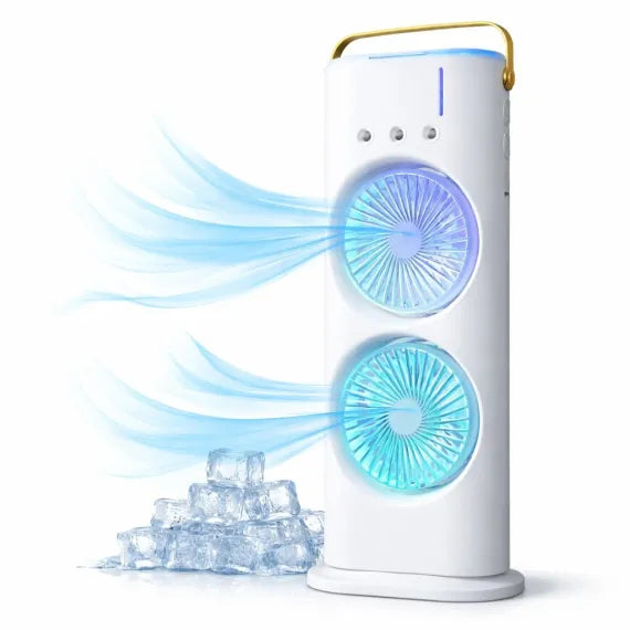 Ventilator Portabil cu Pulverizare Apă 37x16cm, Răcire cu Gheață, Baterie Reîncărcabilă USB, cu Mâner, Iluminare LED Multicolor