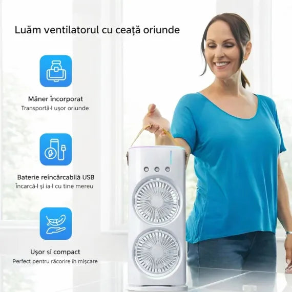 Ventilator Portabil cu Pulverizare Apă 37x16cm, Răcire cu Gheață, Baterie Reîncărcabilă USB, cu Mâner, Iluminare LED Multicolor