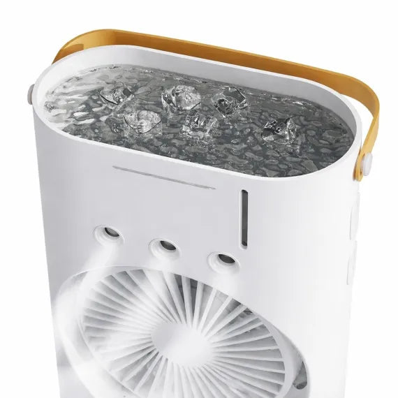 Ventilator Portabil cu Pulverizare Apă 37x16cm, Răcire cu Gheață, Baterie Reîncărcabilă USB, cu Mâner, Iluminare LED Multicolor
