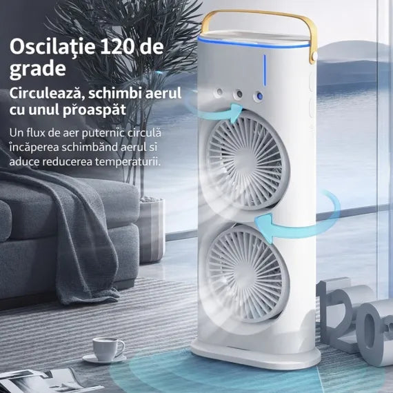 Ventilator Portabil cu Pulverizare Apă 37x16cm, Răcire cu Gheață, Baterie Reîncărcabilă USB, cu Mâner, Iluminare LED Multicolor